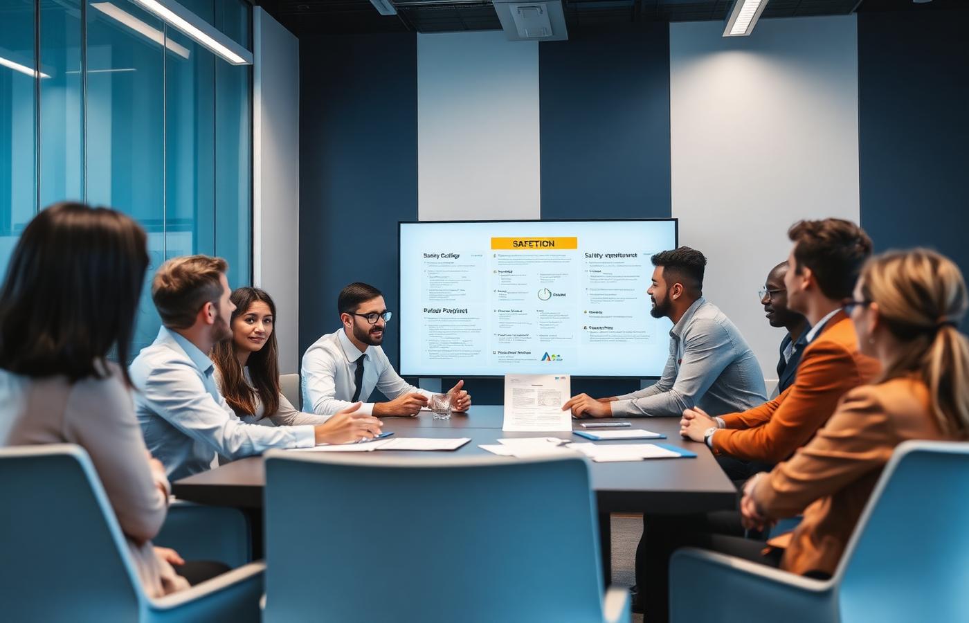 Equipe corporativa revisando conformidade SST